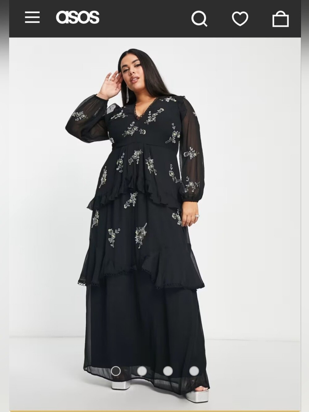 ASOS DESIGN Curve Circle Trim Maxi Dress w/ Floral Embellishment In Black. Sz 16